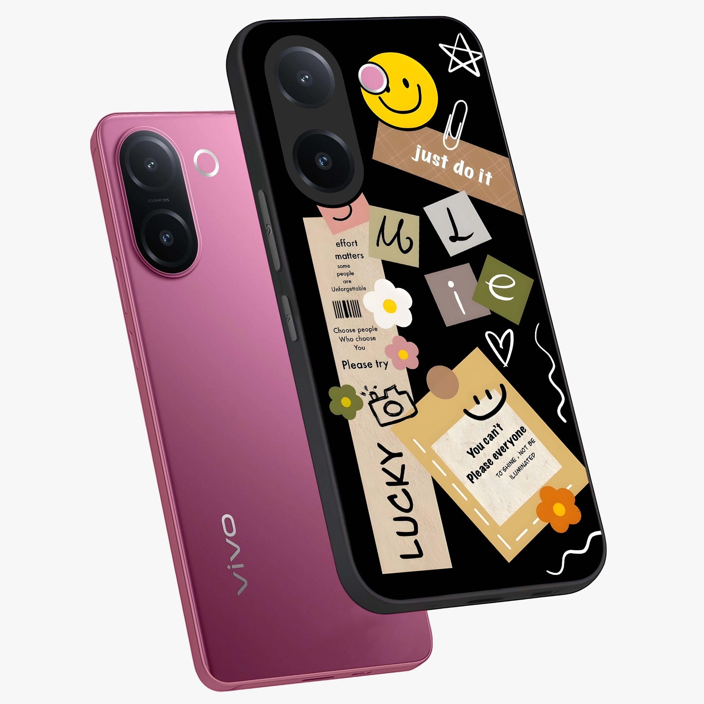 Lucky Aesthetic Collage Glass Case displayed in angled mockup highlighting stylish collage pattern with modern aesthetic vibe.