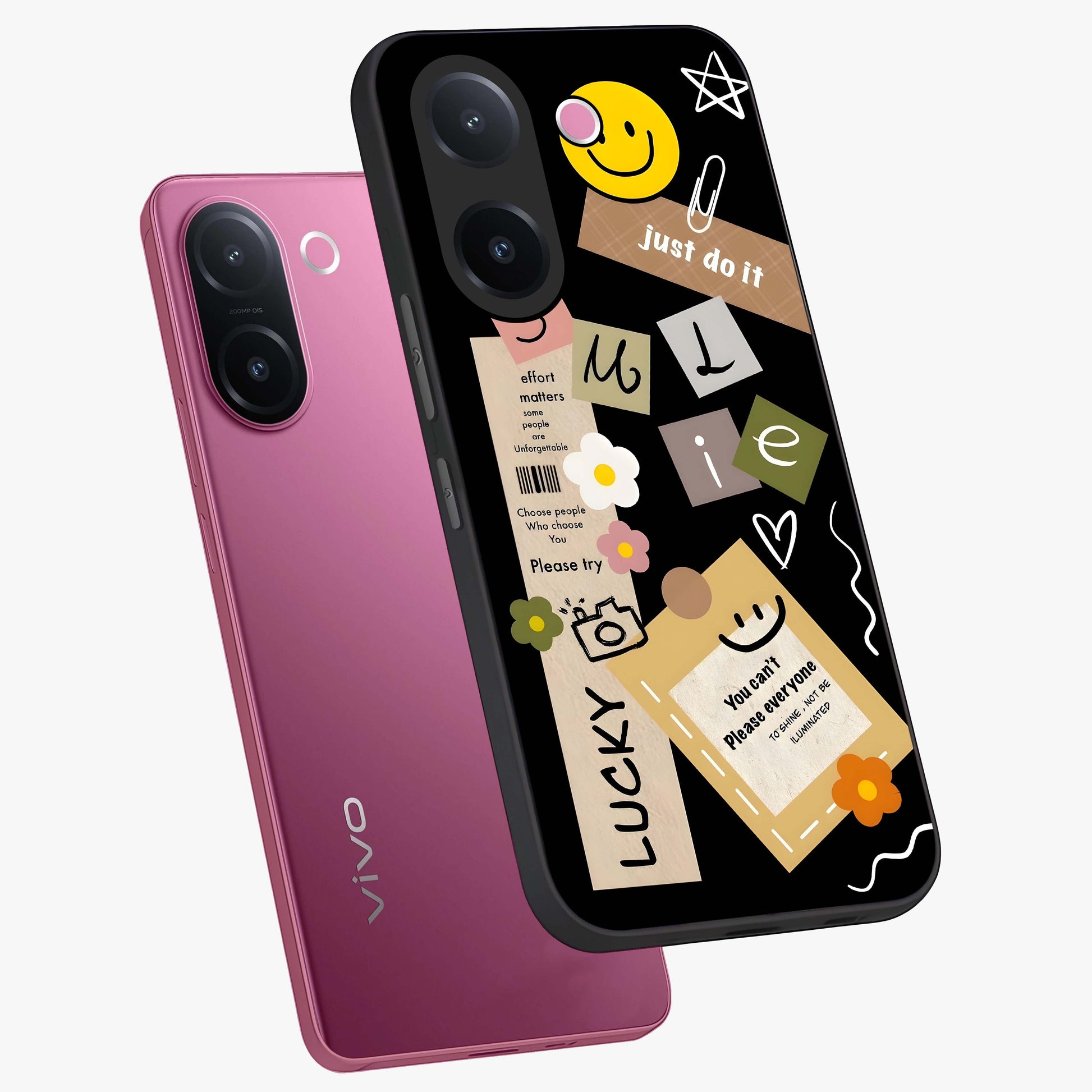 Lucky Aesthetic Collage Glass Case displayed in angled mockup highlighting stylish collage pattern with modern aesthetic vibe.