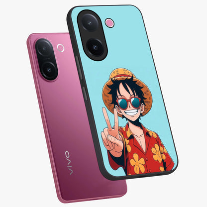 Luffy Summer Anime Vibe Glass Case displayed in angled mockup highlighting energetic anime illustration with summer vibe aesthetic.
