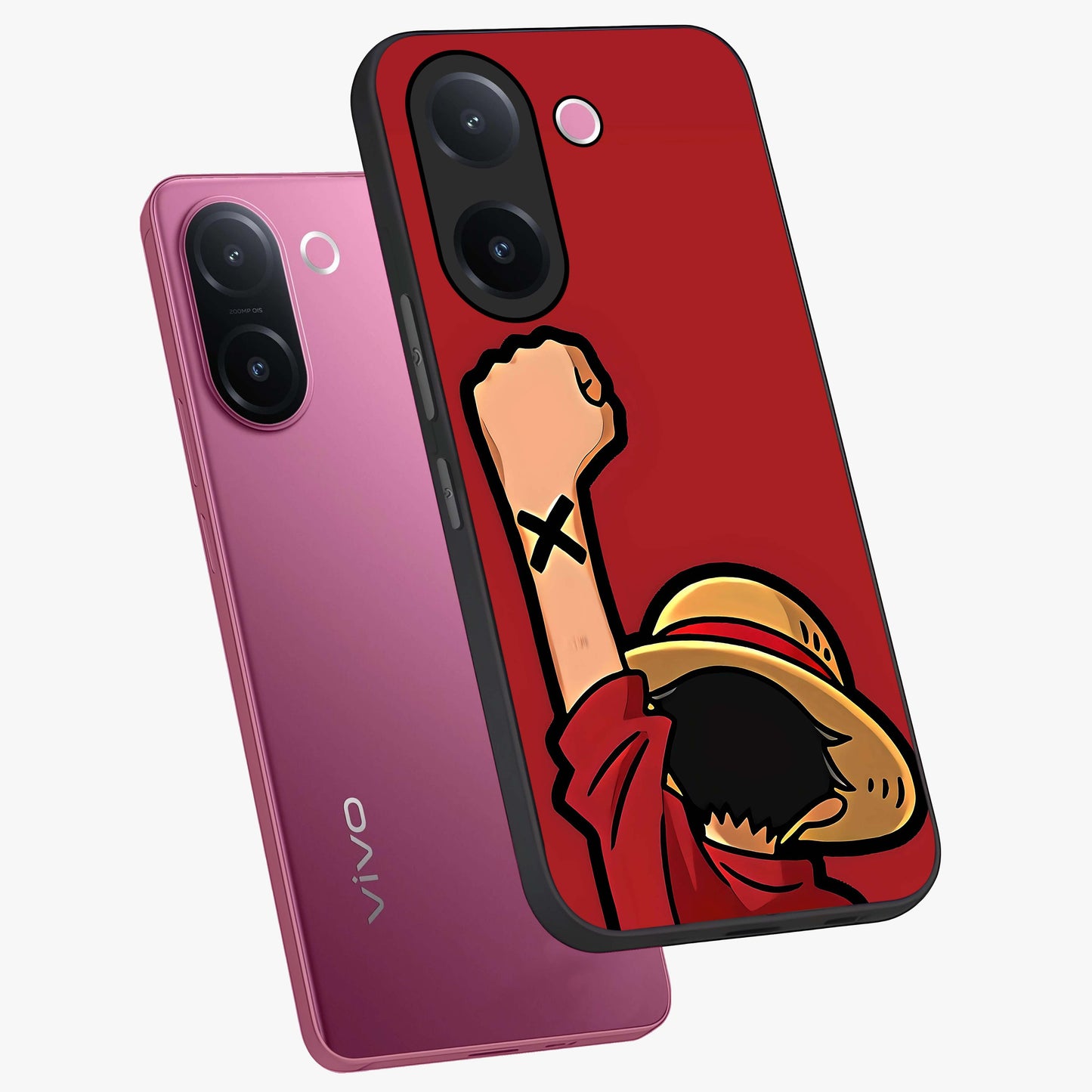 Luffy X Spirit Glass Case displayed in angled mockup highlighting powerful anime design with energetic action aesthetic.