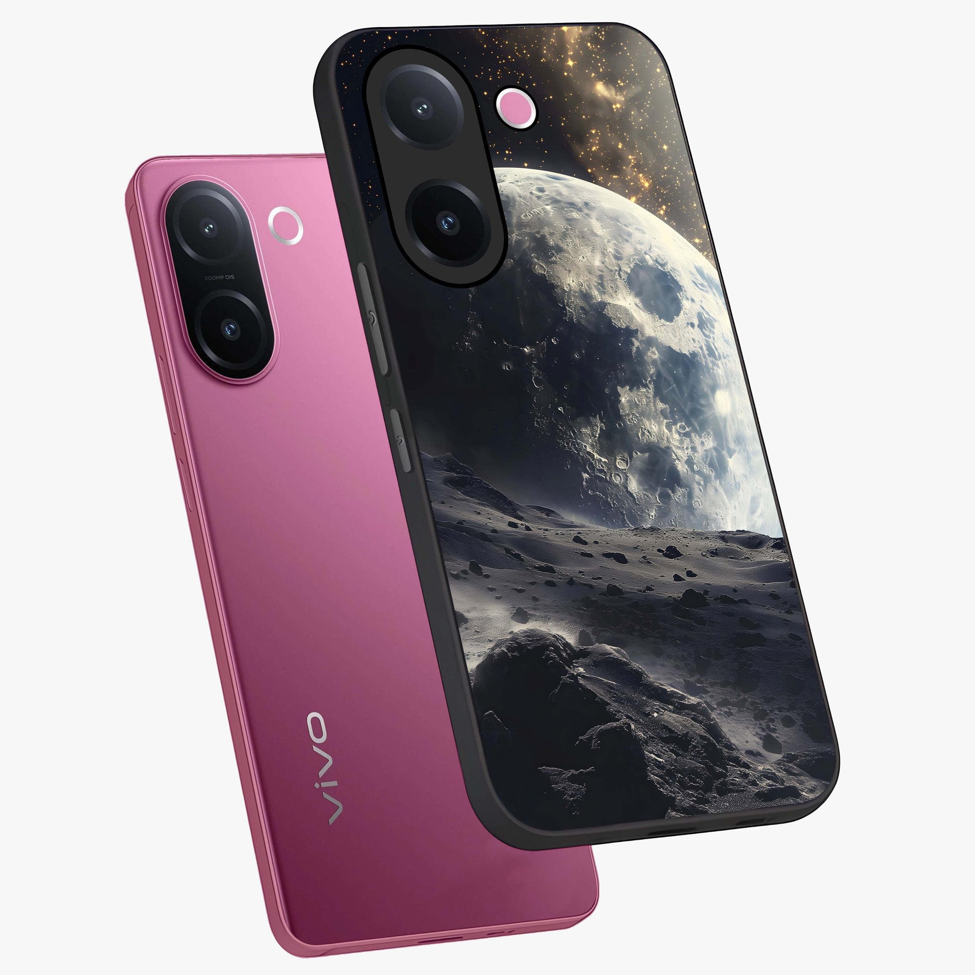 Lunar Horizon Glow Glass Case displayed in angled mockup highlighting celestial moon design with dreamy night aesthetic.