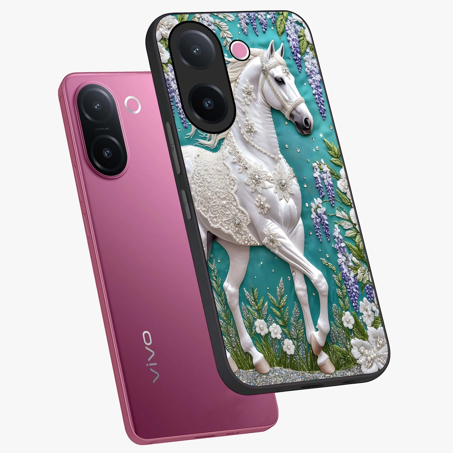 Majestic Floral Stallion Glass Case displayed in angled mockup highlighting majestic stallion illustration with elegant floral aesthetic.