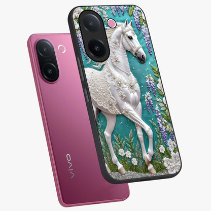 Majestic Floral Stallion Glass Case displayed in angled mockup highlighting majestic stallion illustration with elegant floral aesthetic.