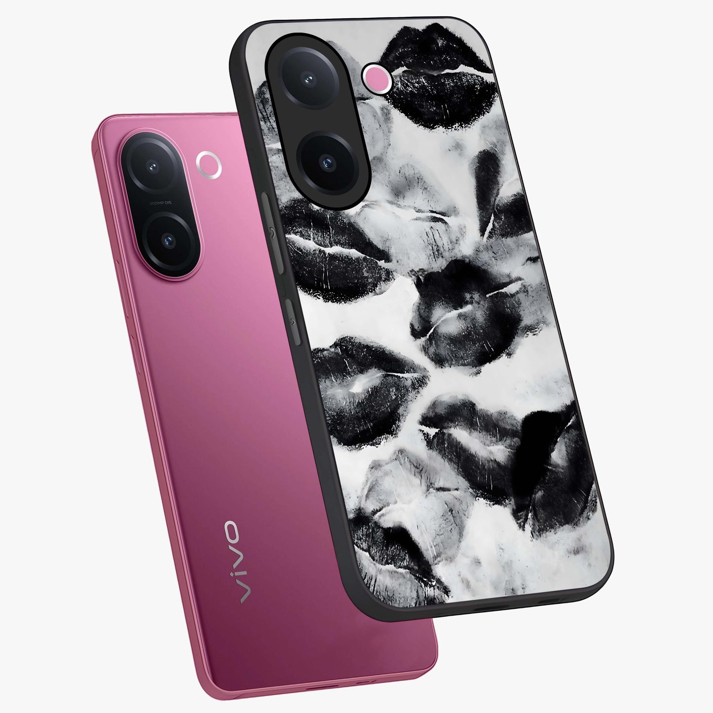 Midnight Kiss Marks Glass Case displayed in angled mockup highlighting playful romantic design with bold midnight aesthetic.
