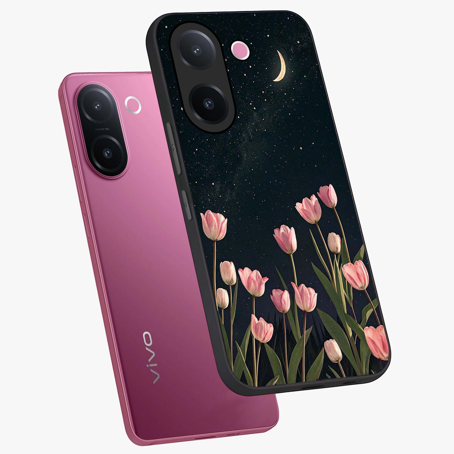 Midnight Tulip Whispers Vibe Glass Case displayed in angled mockup highlighting delicate tulip design with midnight floral aesthetic.
