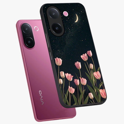 Midnight Tulip Whispers Vibe Glass Case displayed in angled mockup highlighting delicate tulip design with midnight floral aesthetic.