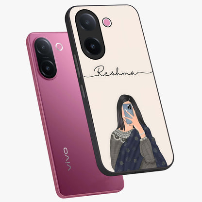 Mirror Mood Muse With Custom Name Glass Case displayed in angled mockup highlighting aesthetic mirror inspired design with custom name feature.