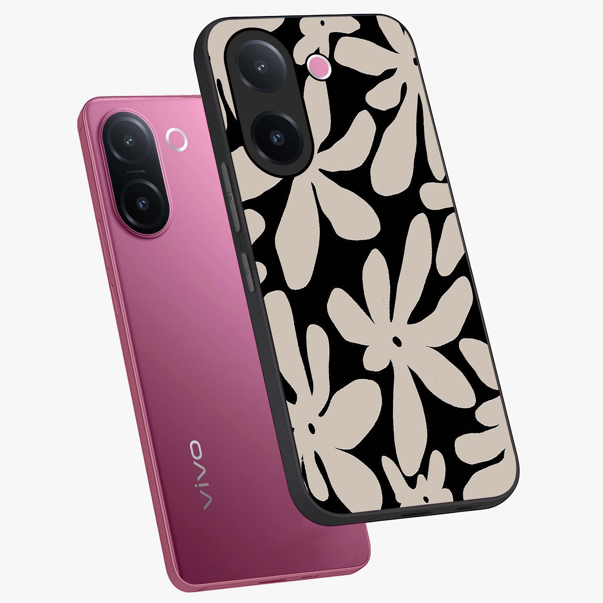 Monochrome Petal Dance Glass Case displayed in angled mockup highlighting elegant petal design with black and white aesthetic.