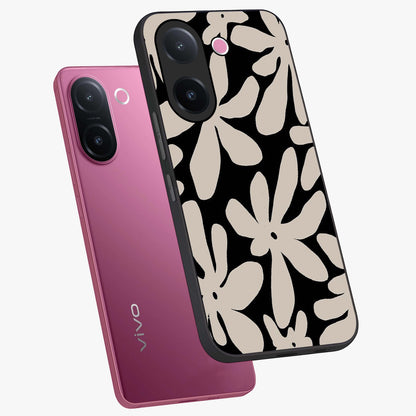 Monochrome Petal Dance Glass Case displayed in angled mockup highlighting elegant petal design with black and white aesthetic.