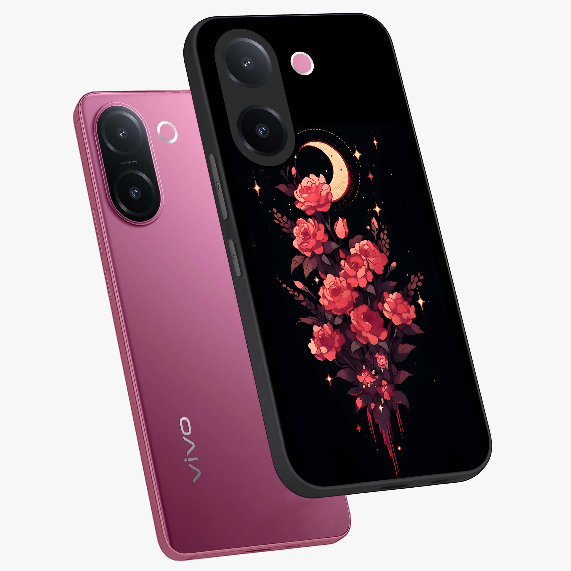 Moonlit Floral Elegance Glass Case displayed in angled mockup highlighting graceful flower design with soft moonlight aesthetic.