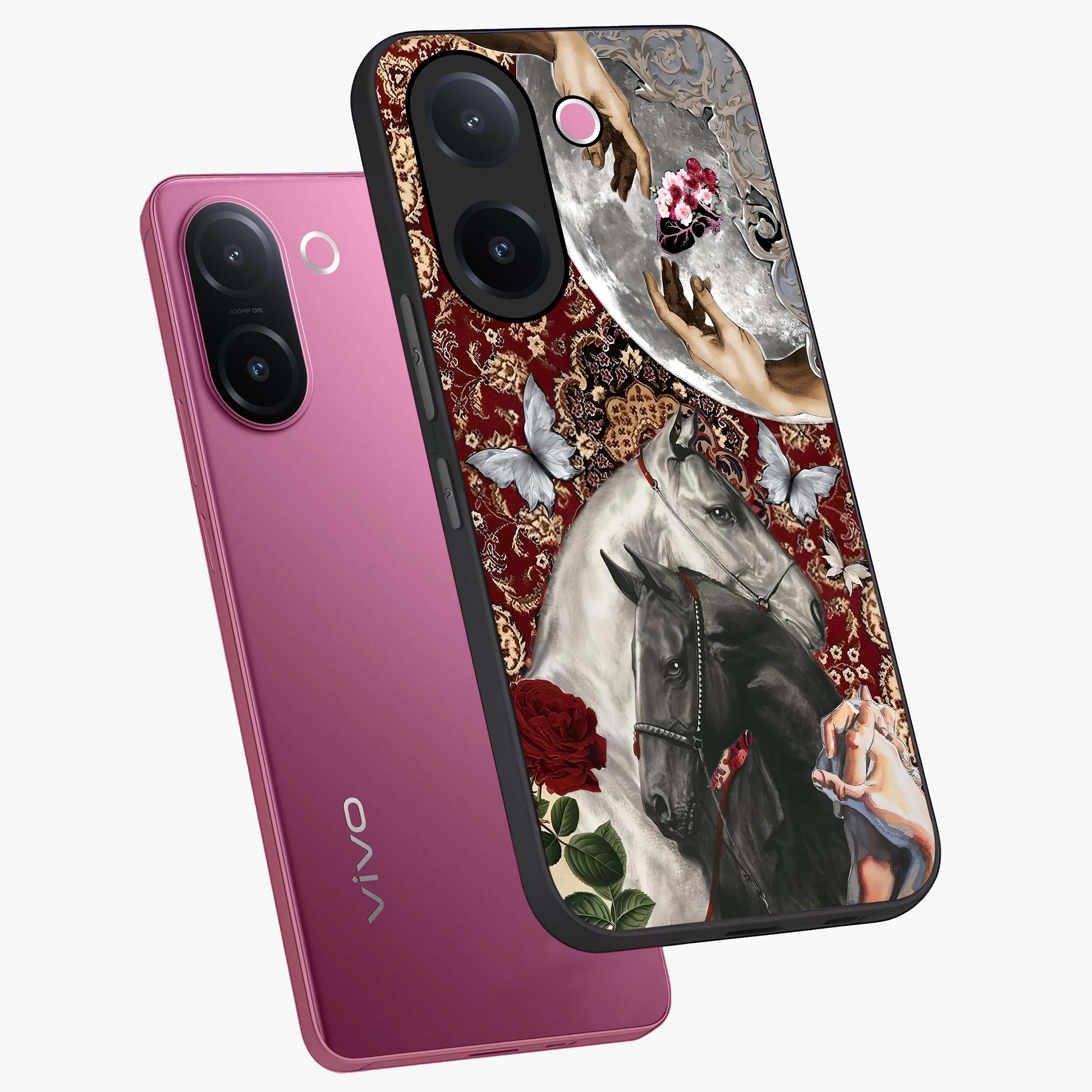 Moonlit Royal Stallion Glass Case displayed in angled mockup highlighting powerful stallion illustration with royal night aesthetic.