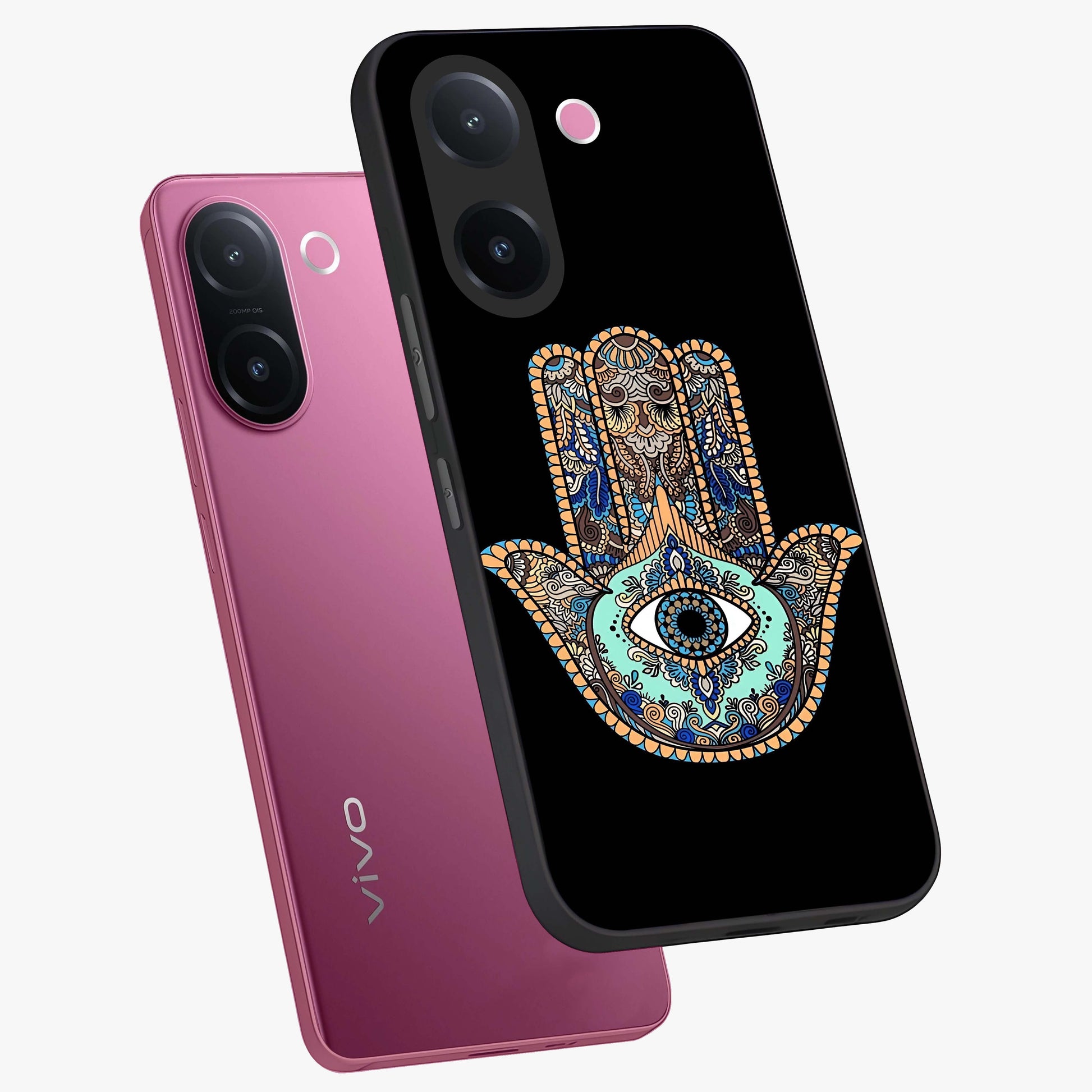 Mystic Hamsa Eye Glass Case displayed in angled mockup highlighting spiritual hamsa symbol with mystical aesthetic style.