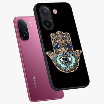 Mystic Hamsa Eye Glass Case displayed in angled mockup highlighting spiritual hamsa symbol with mystical aesthetic style.