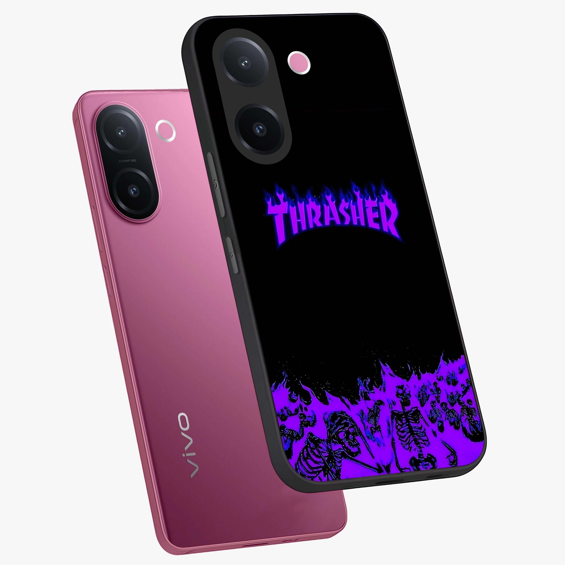 Neon Flame Riot Glass Case displayed in angled mockup highlighting glowing flame design with vibrant neon aesthetic.