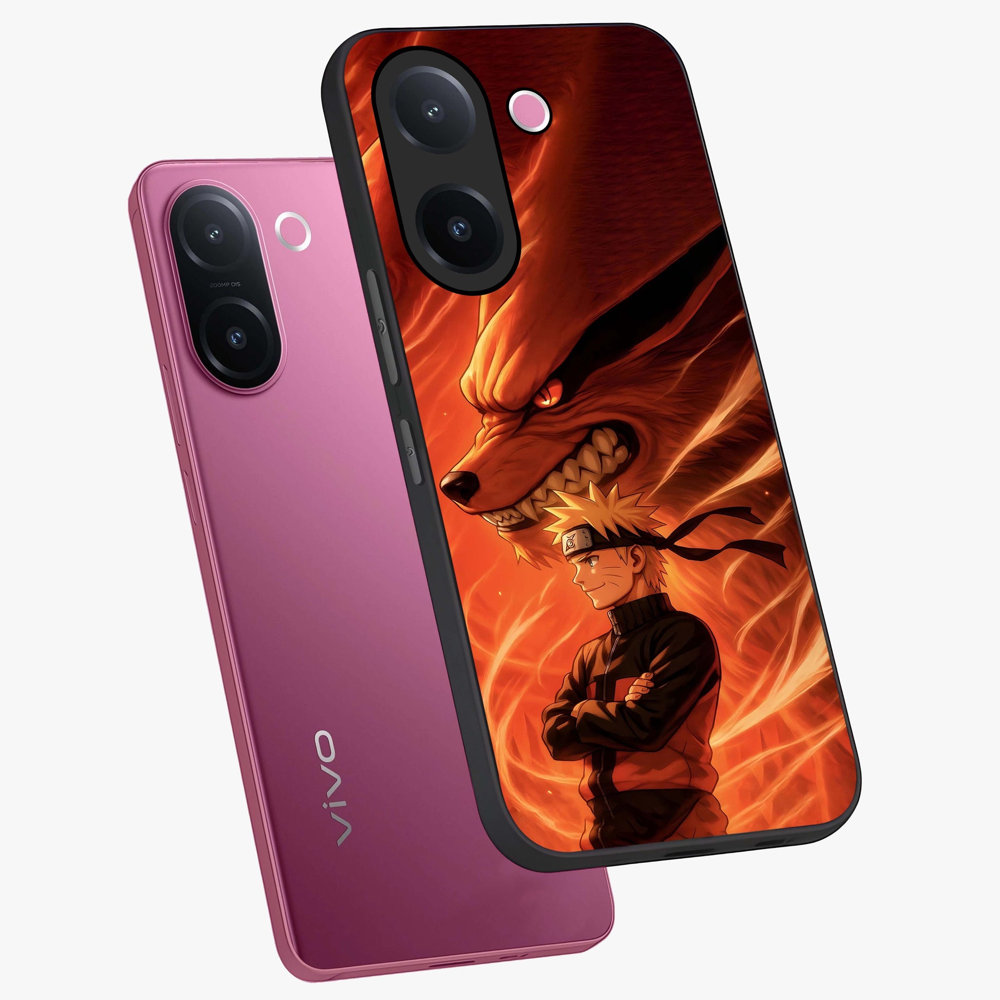 Nine Tails Legacy Glass Case displayed in angled mockup highlighting dynamic anime beast illustration with bold mystical aesthetic.