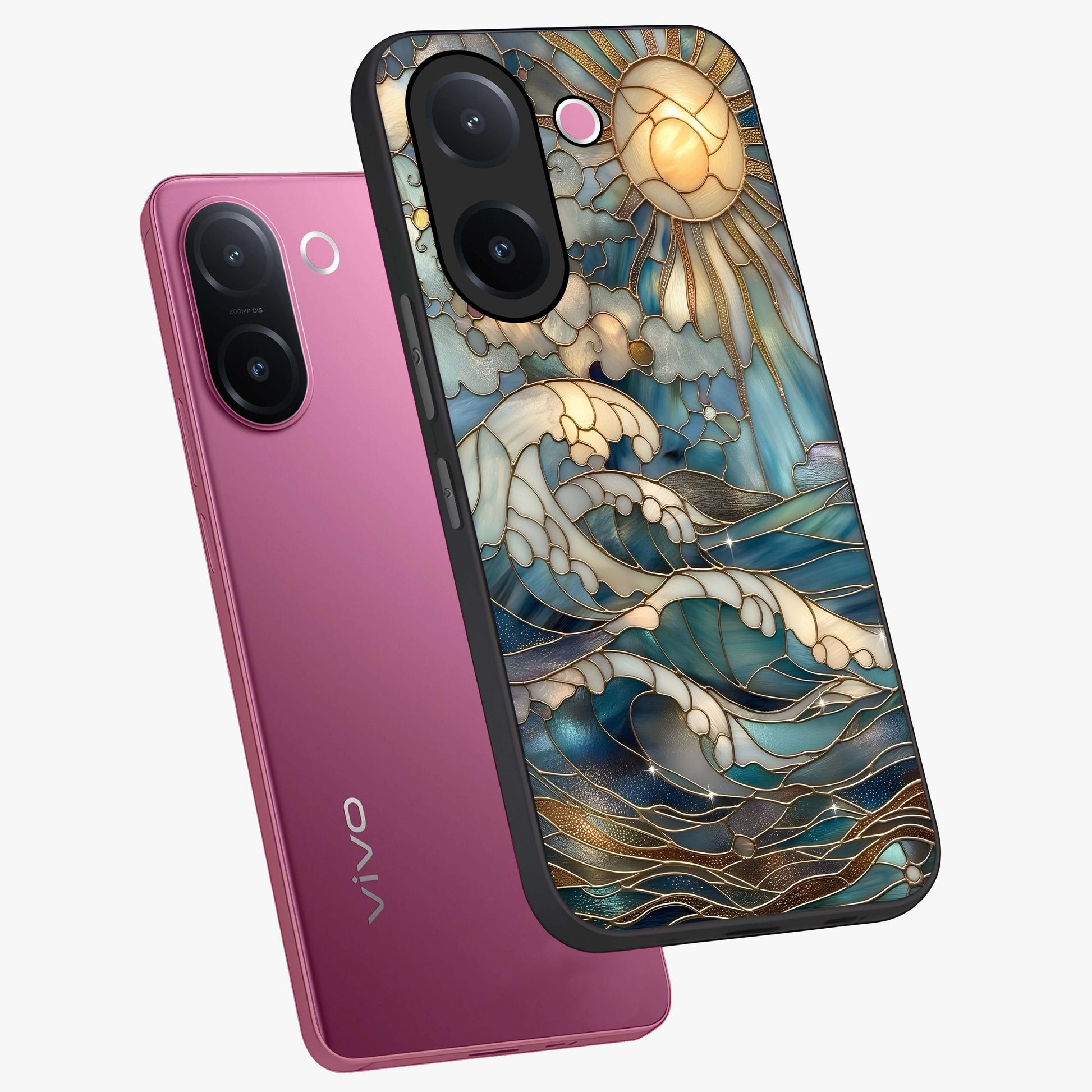 Oceanic Stained Printed Glass Case displayed in angled mockup highlighting colorful aquatic design with artistic aesthetic style.