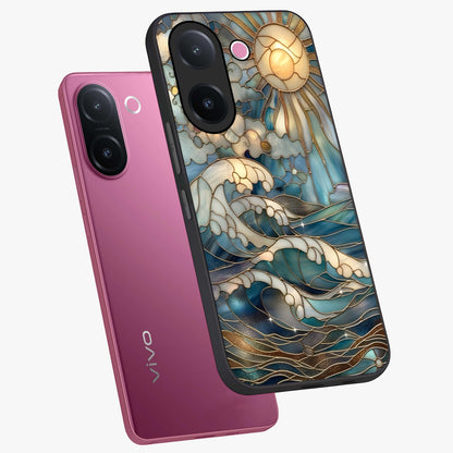 Oceanic Stained Printed Glass Case displayed in angled mockup highlighting colorful aquatic design with artistic aesthetic style.