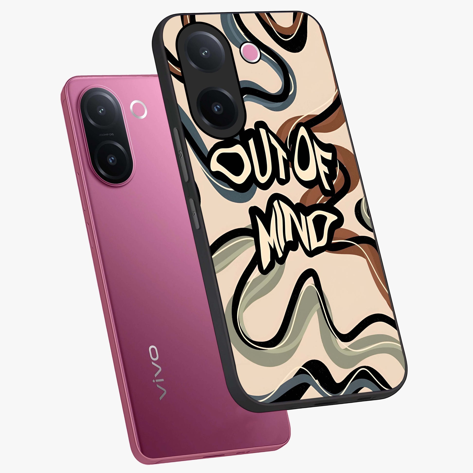 Out Of Mind Glass Case displayed in angled mockup highlighting bold statement design with modern artistic aesthetic.