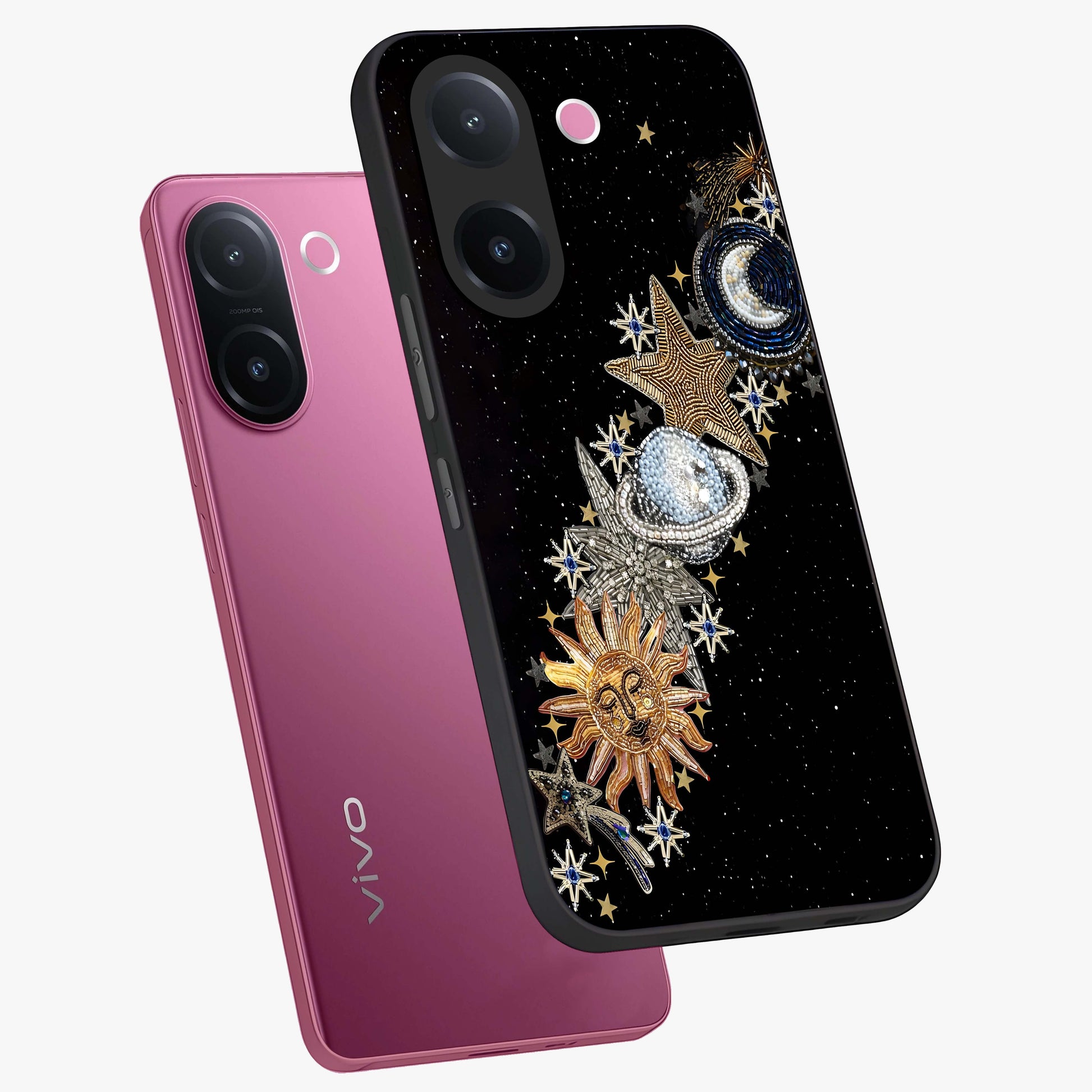 Pearls Universe Object Glass Case displayed in angled mockup highlighting celestial pearl design with dreamy aesthetic.