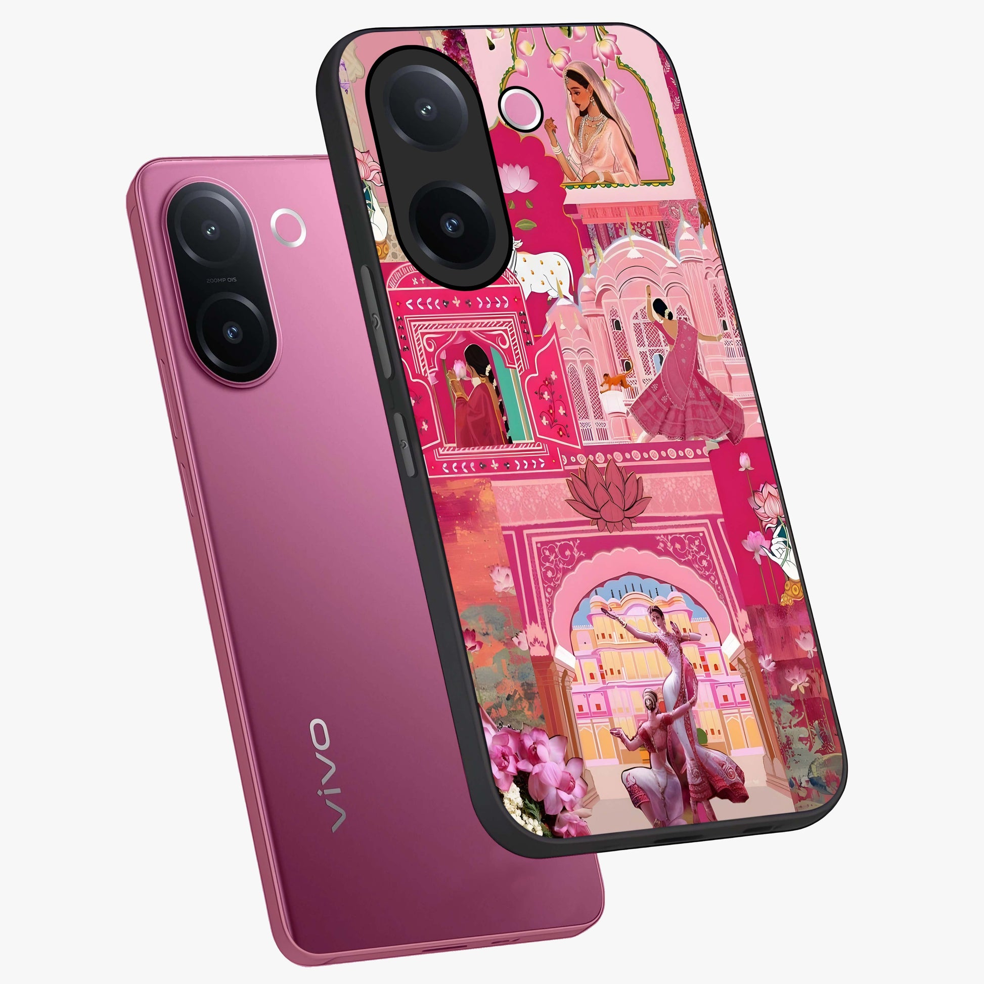 Pink Palace Muse Glass Case displayed in angled mockup highlighting dreamy palace illustration with soft pink aesthetic.