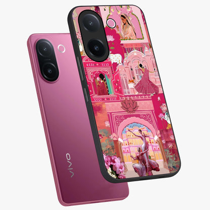 Pink Palace Muse Glass Case displayed in angled mockup highlighting dreamy palace illustration with soft pink aesthetic.
