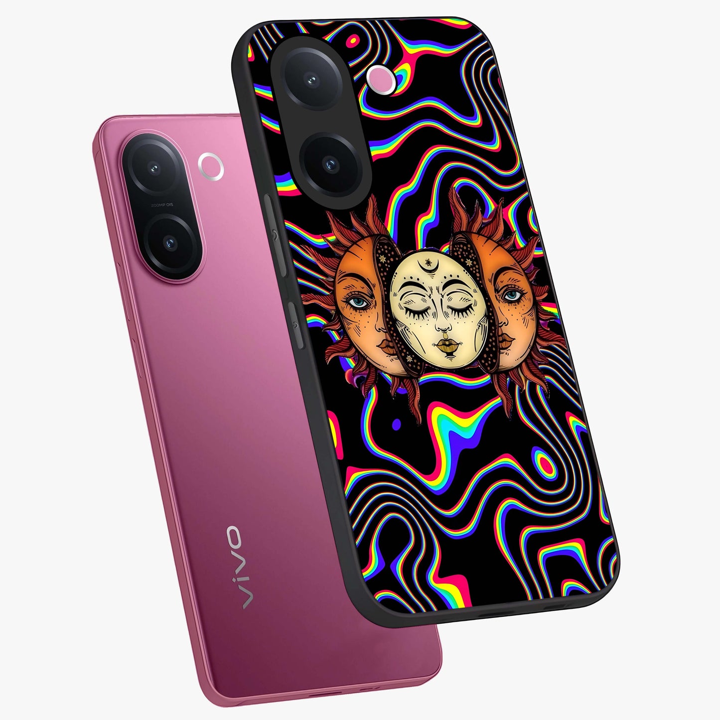 Psychedelic Sun Glass Case displayed in angled mockup highlighting vibrant abstract sun design with artistic aesthetic style.