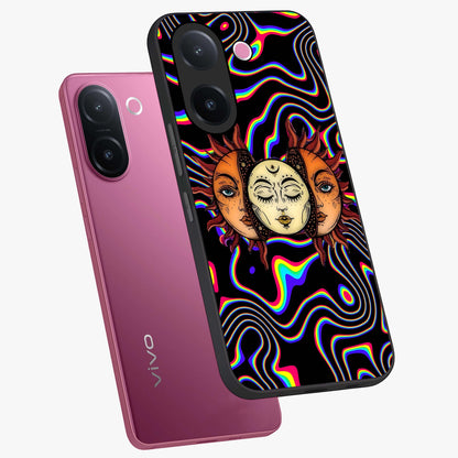 Psychedelic Sun Glass Case displayed in angled mockup highlighting vibrant abstract sun design with artistic aesthetic style.