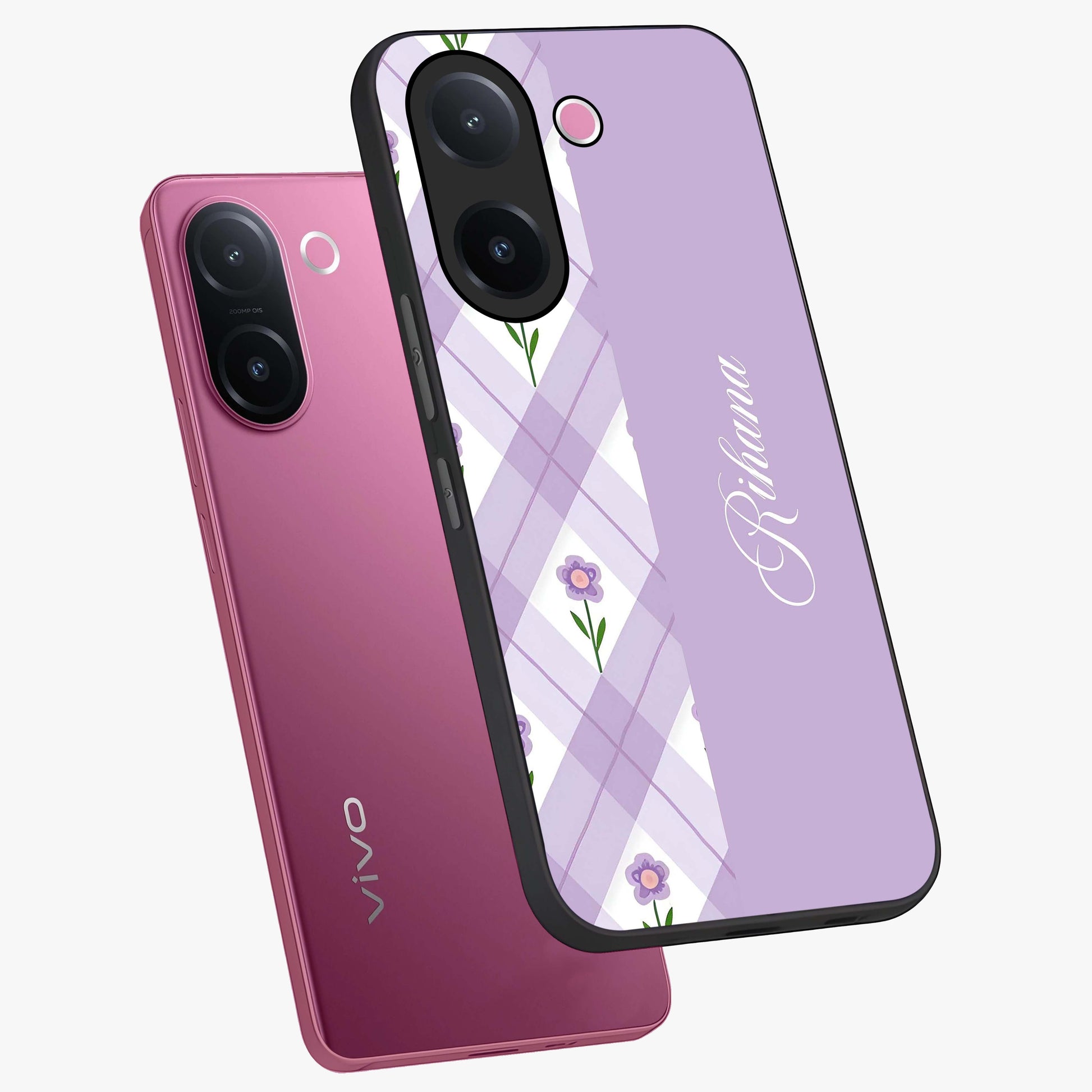 Purple Diamond Floral Glass Case displayed in angled mockup highlighting elegant purple flower design with decorative pattern.