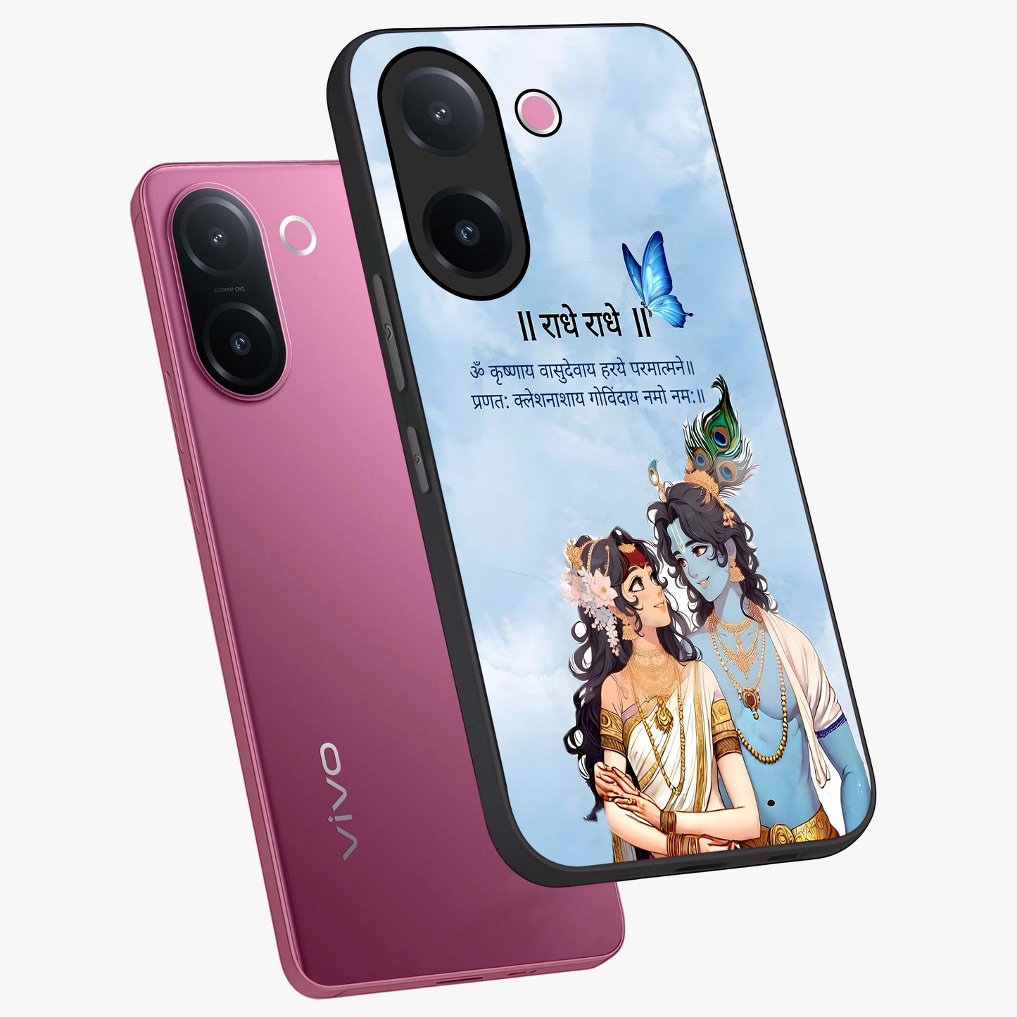 Radha Krishna Eternal Glass Case displayed in angled mockup highlighting divine Radha Krishna illustration with spiritual aesthetic.