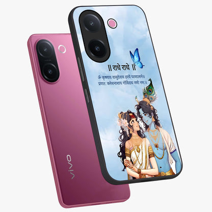 Radha Krishna Eternal Glass Case displayed in angled mockup highlighting divine Radha Krishna illustration with spiritual aesthetic.