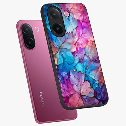 Radiant Floral Whirl Glass Case displayed in angled mockup highlighting vibrant flower pattern with dynamic artistic aesthetic.