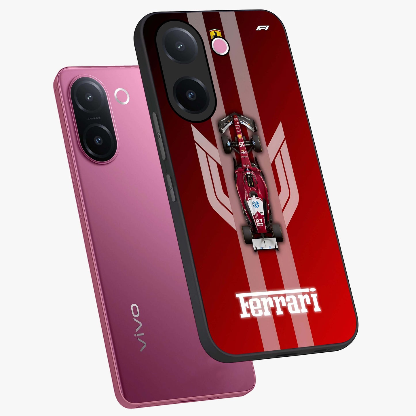 Red Ferrari F1 Vertical Glass Case displayed in angled mockup highlighting high speed racing design with bold automotive aesthetic.