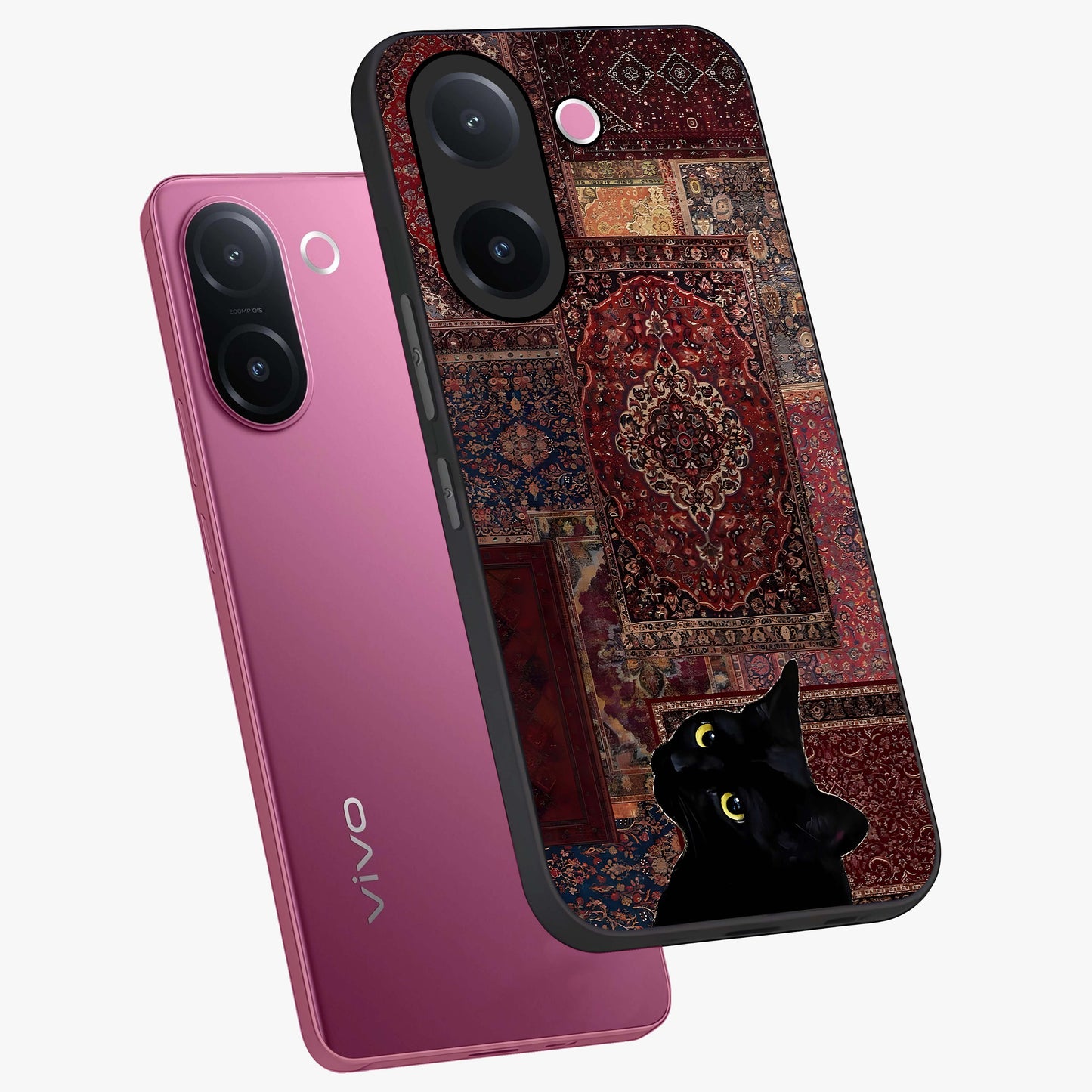 Regal Magic Cat Apple Glass Case displayed in angled mockup highlighting whimsical feline design with fantasy aesthetic.