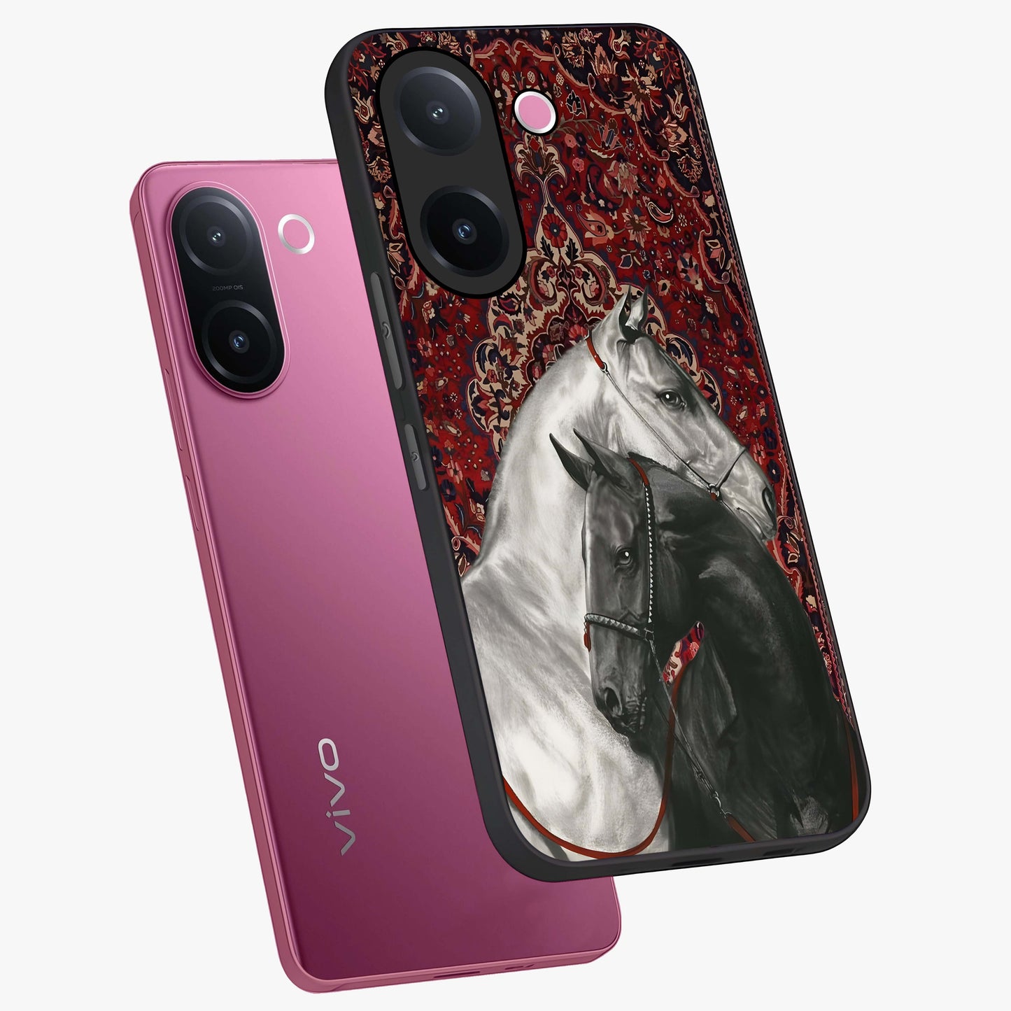 Regal Stallion Tapestry Glass Case displayed in angled mockup highlighting royal stallion design with decorative heritage aesthetic.