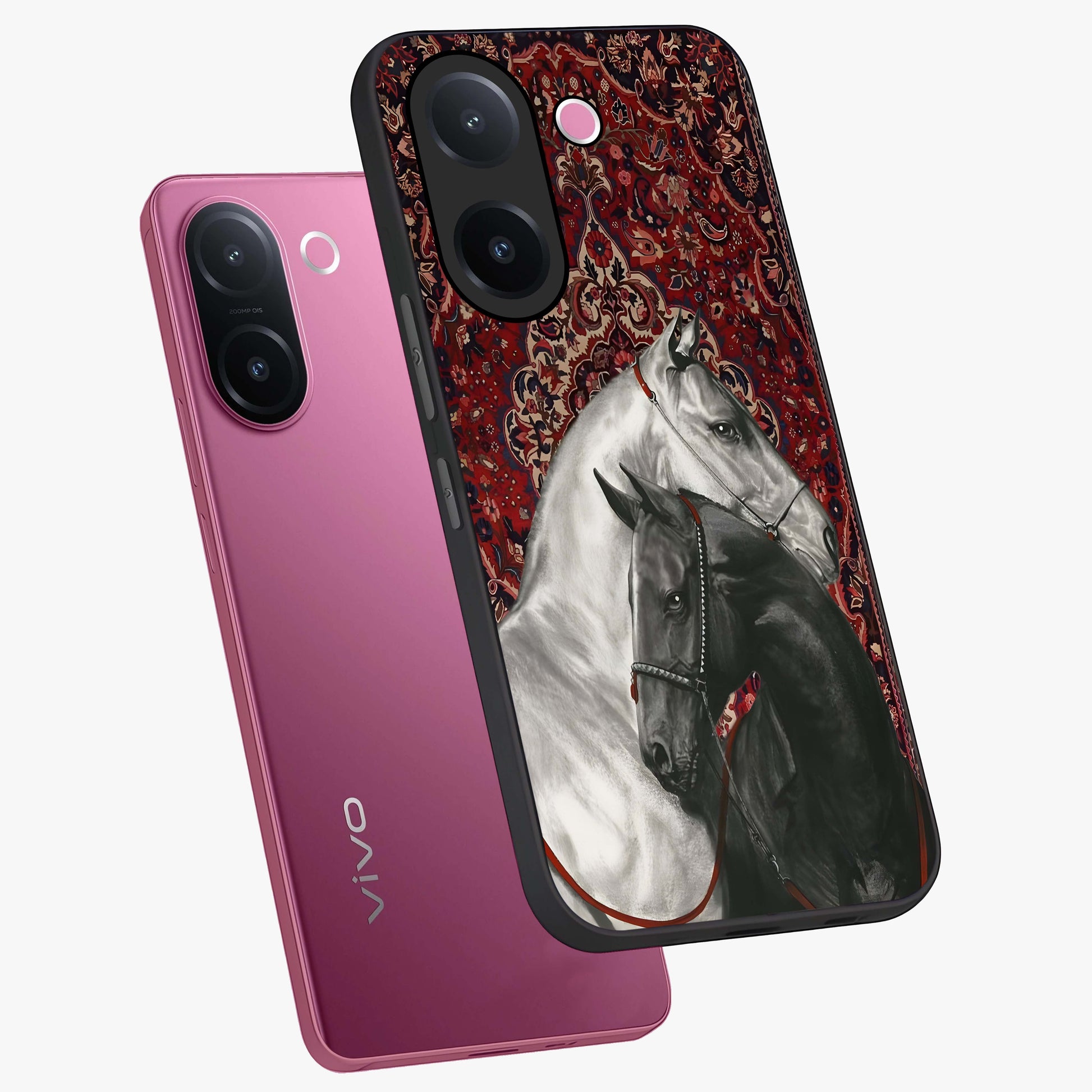 Regal Stallion Tapestry Glass Case displayed in angled mockup highlighting royal stallion design with decorative heritage aesthetic.