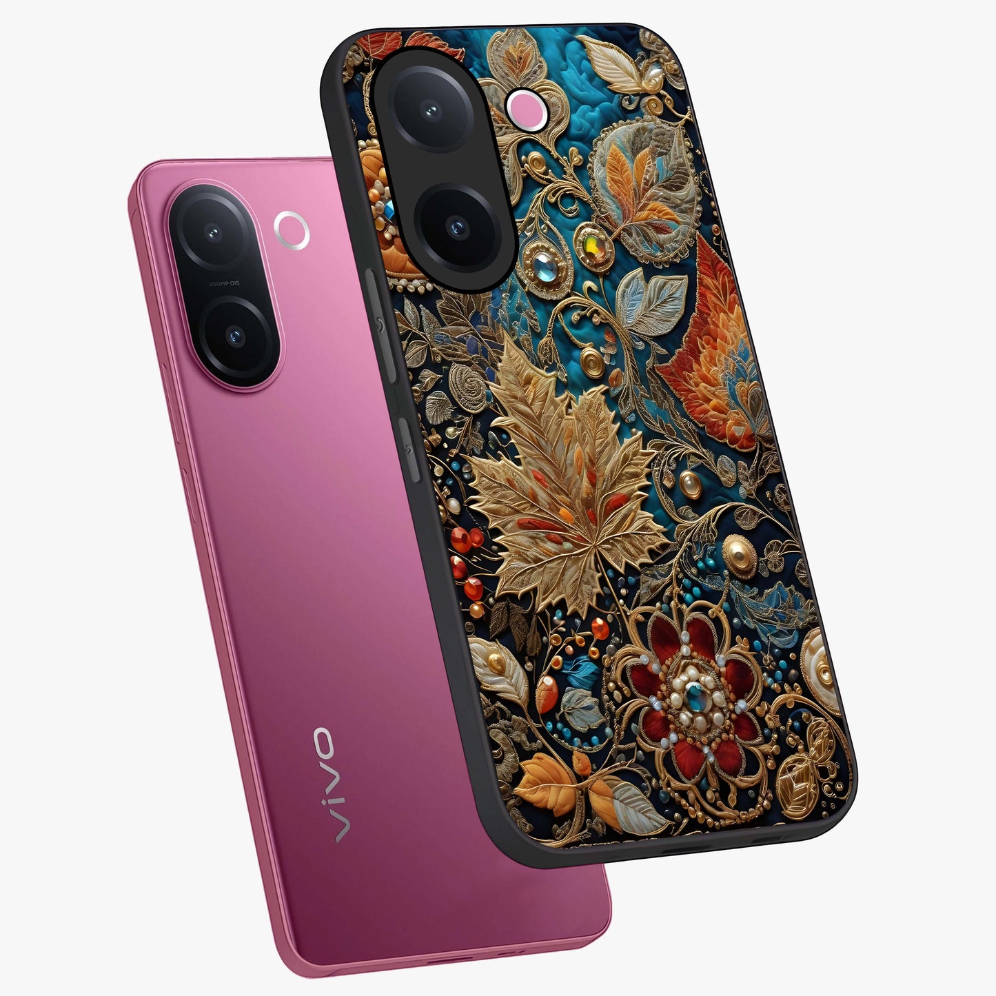 Royal Jewel Garden Glass Case displayed in angled mockup highlighting vibrant jewel inspired floral design with elegant aesthetic.