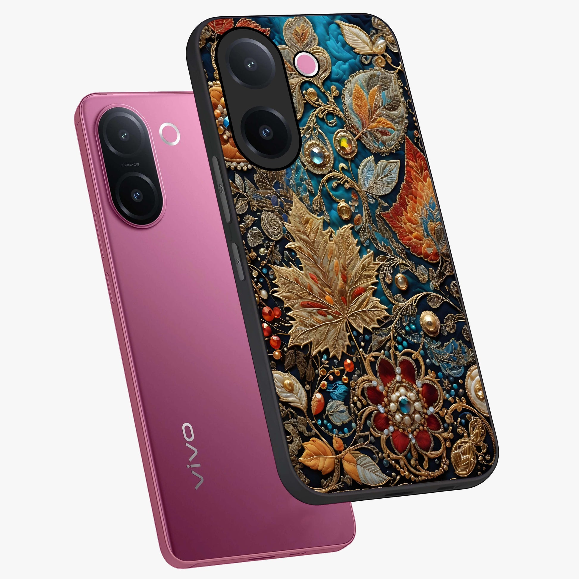 Royal Jewel Garden Glass Case displayed in angled mockup highlighting vibrant jewel inspired floral design with elegant aesthetic.