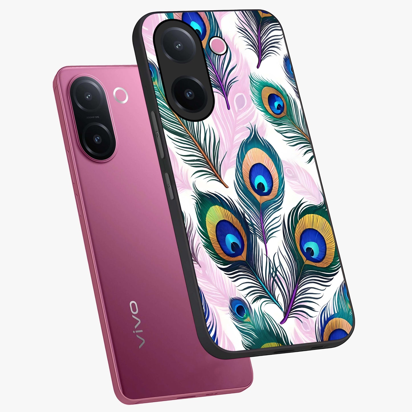 Royal Peacock Feathers Glass Case displayed in angled mockup highlighting vibrant feather pattern with regal aesthetic style.