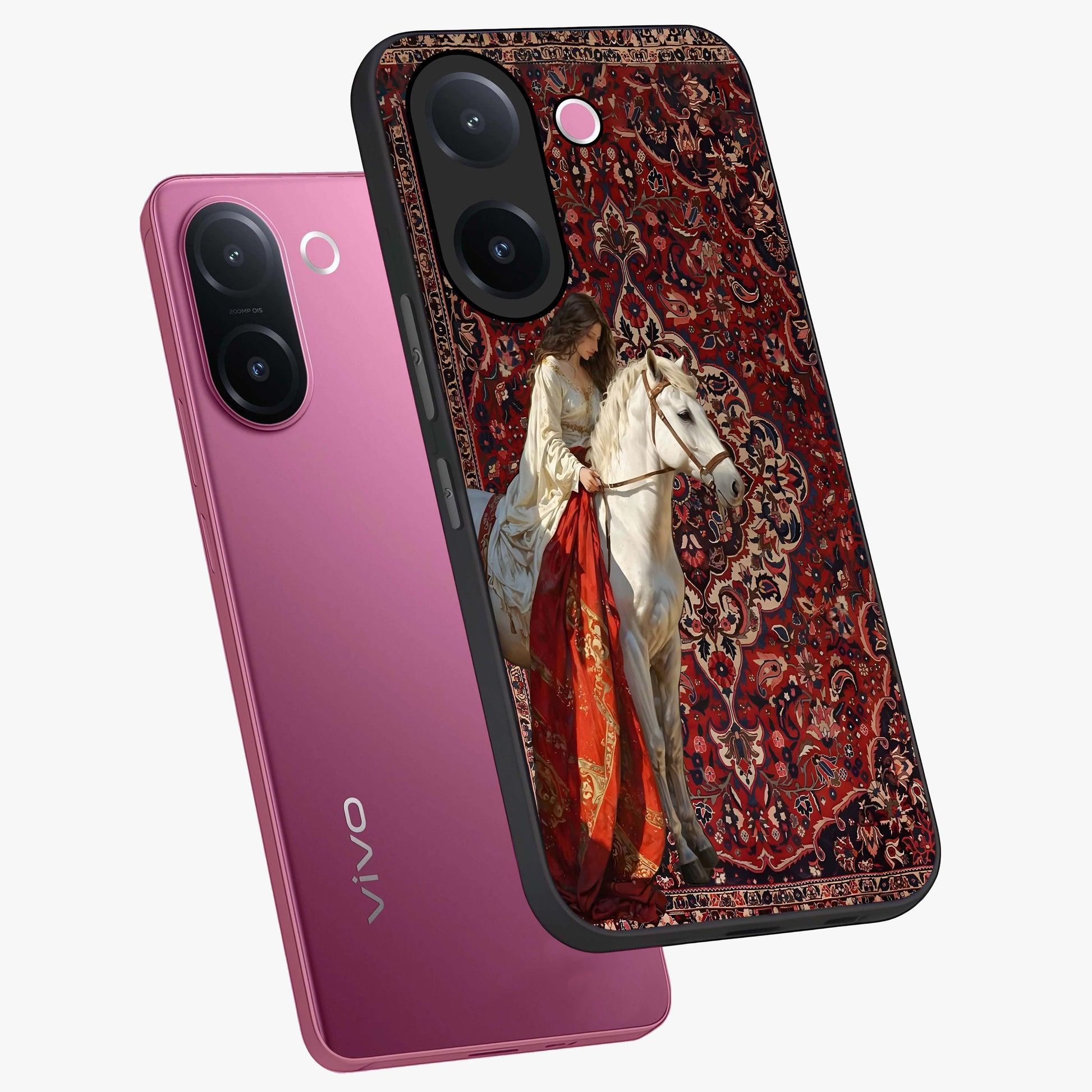 Royal Rider Tapestry Glass Case displayed in angled mockup highlighting traditional tapestry design with royal heritage aesthetic.