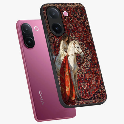 Royal Rider Tapestry Glass Case displayed in angled mockup highlighting traditional tapestry design with royal heritage aesthetic.
