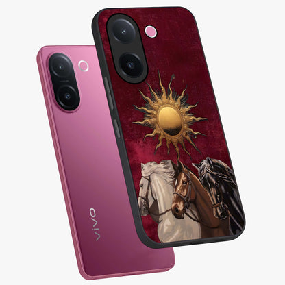 Solar Riders Glass Case displayed in angled mockup highlighting powerful rider illustration with radiant solar aesthetic.