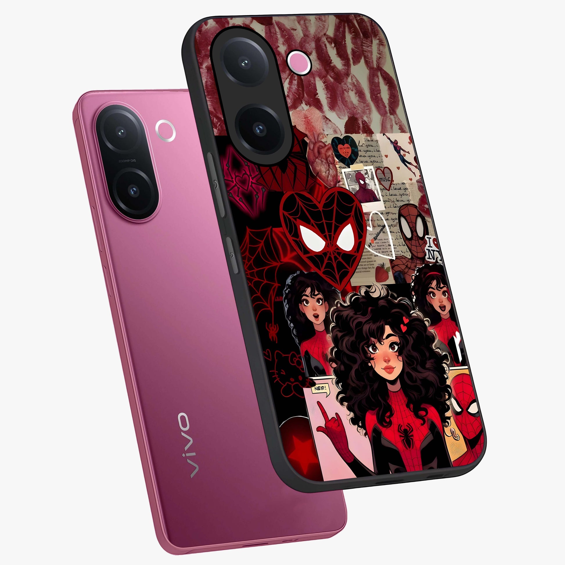 Spider Love Story Glass Case displayed in angled mockup highlighting expressive comic inspired design with playful aesthetic.
