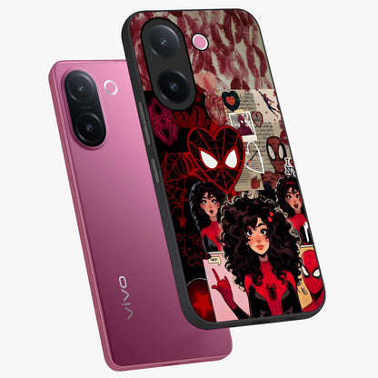 Spider Love Story Glass Case displayed in angled mockup highlighting expressive comic inspired design with playful aesthetic.