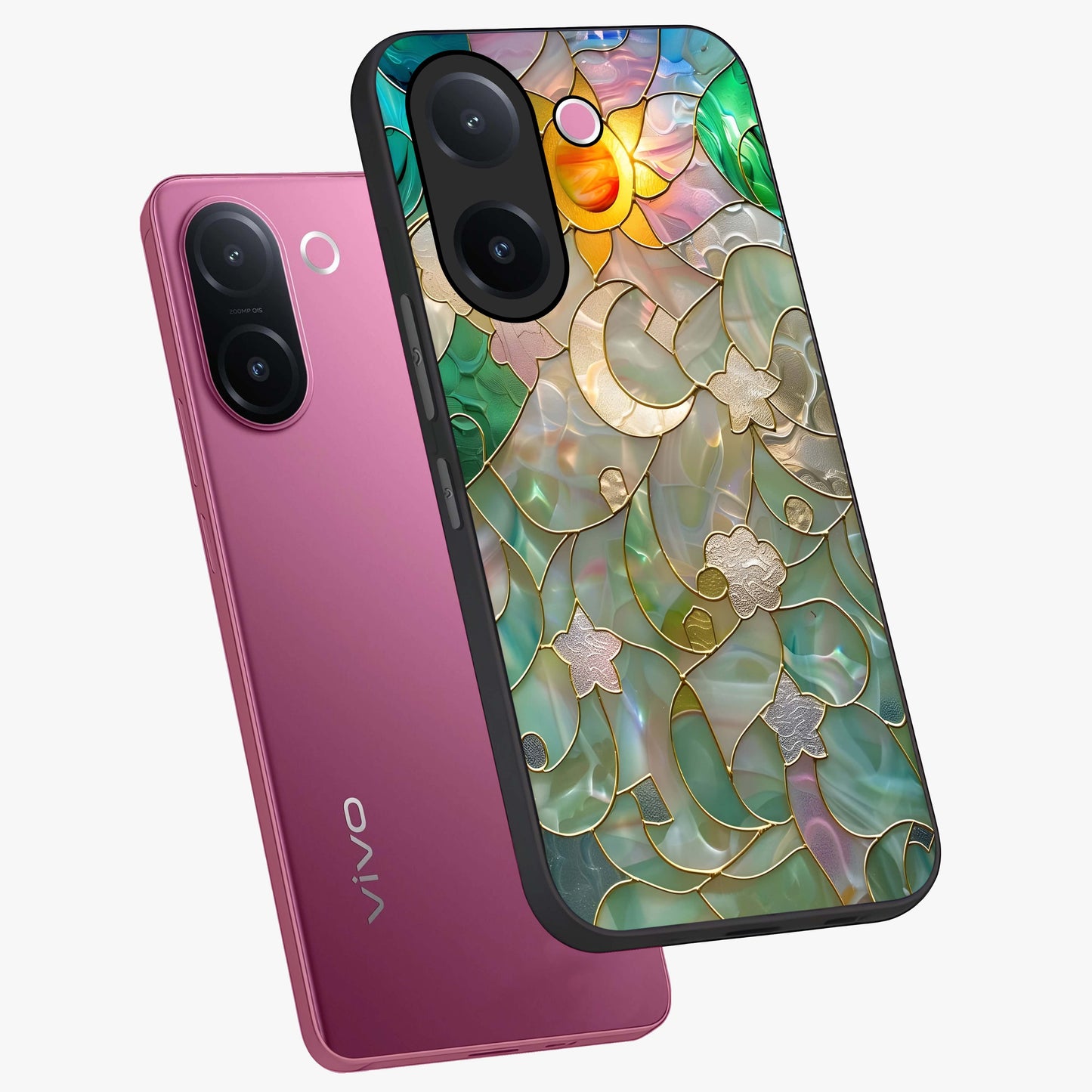 Stained Sunrise Glow Glass Case displayed in angled mockup highlighting radiant sunrise design with artistic aesthetic style.