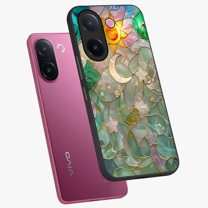 Stained Sunrise Glow Glass Case displayed in angled mockup highlighting radiant sunrise design with artistic aesthetic style.