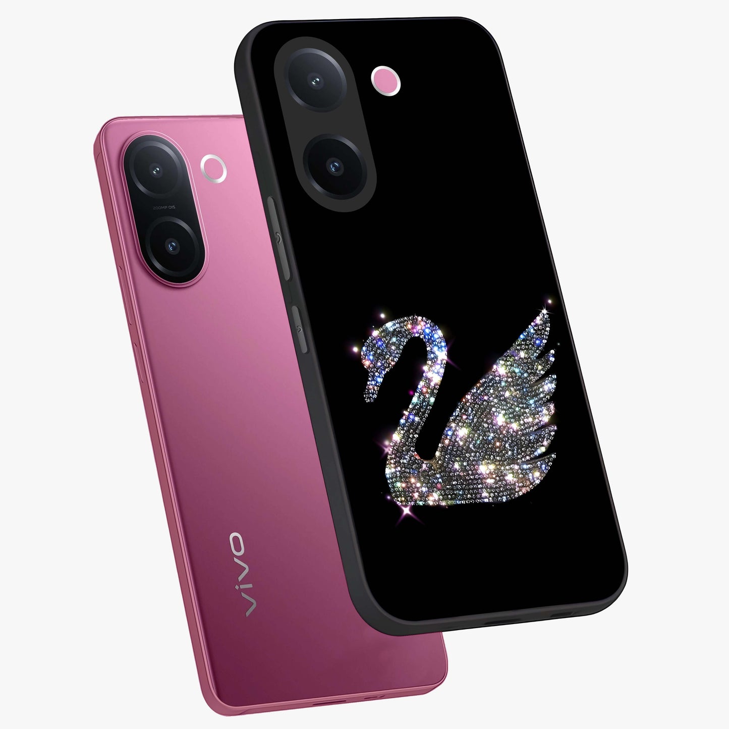 Starlit Swan Grace Glass Case displayed in angled mockup highlighting elegant swan illustration with dreamy celestial aesthetic.