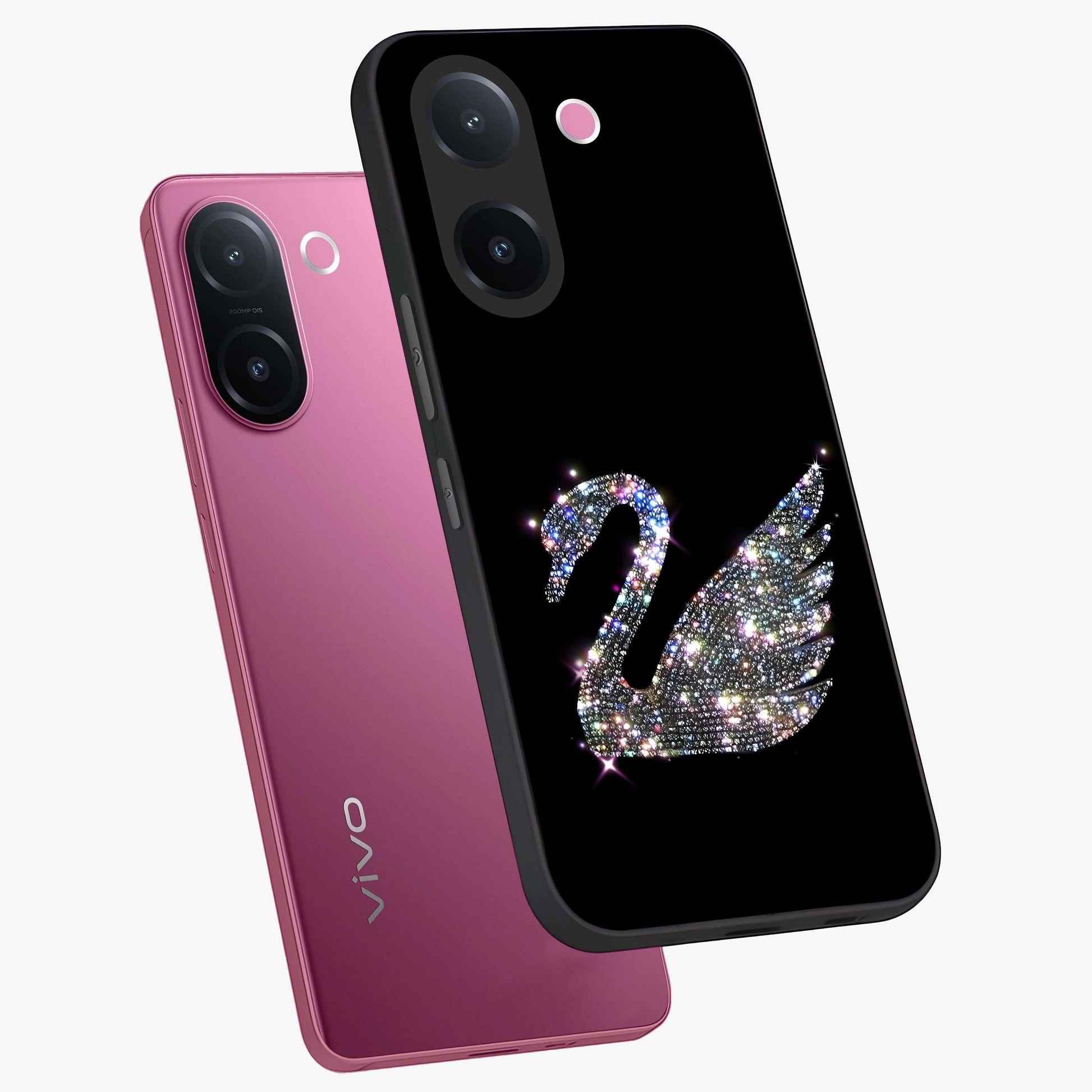 Starlit Swan Grace Glass Case displayed in angled mockup highlighting elegant swan illustration with dreamy celestial aesthetic.