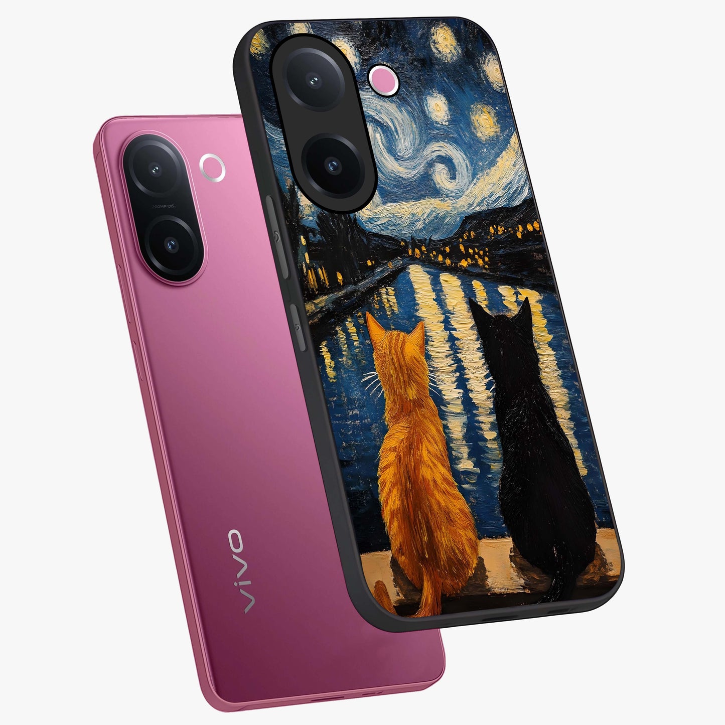 Starry River Cats Glass Case displayed in angled mockup highlighting charming feline illustration with dreamy night aesthetic.
