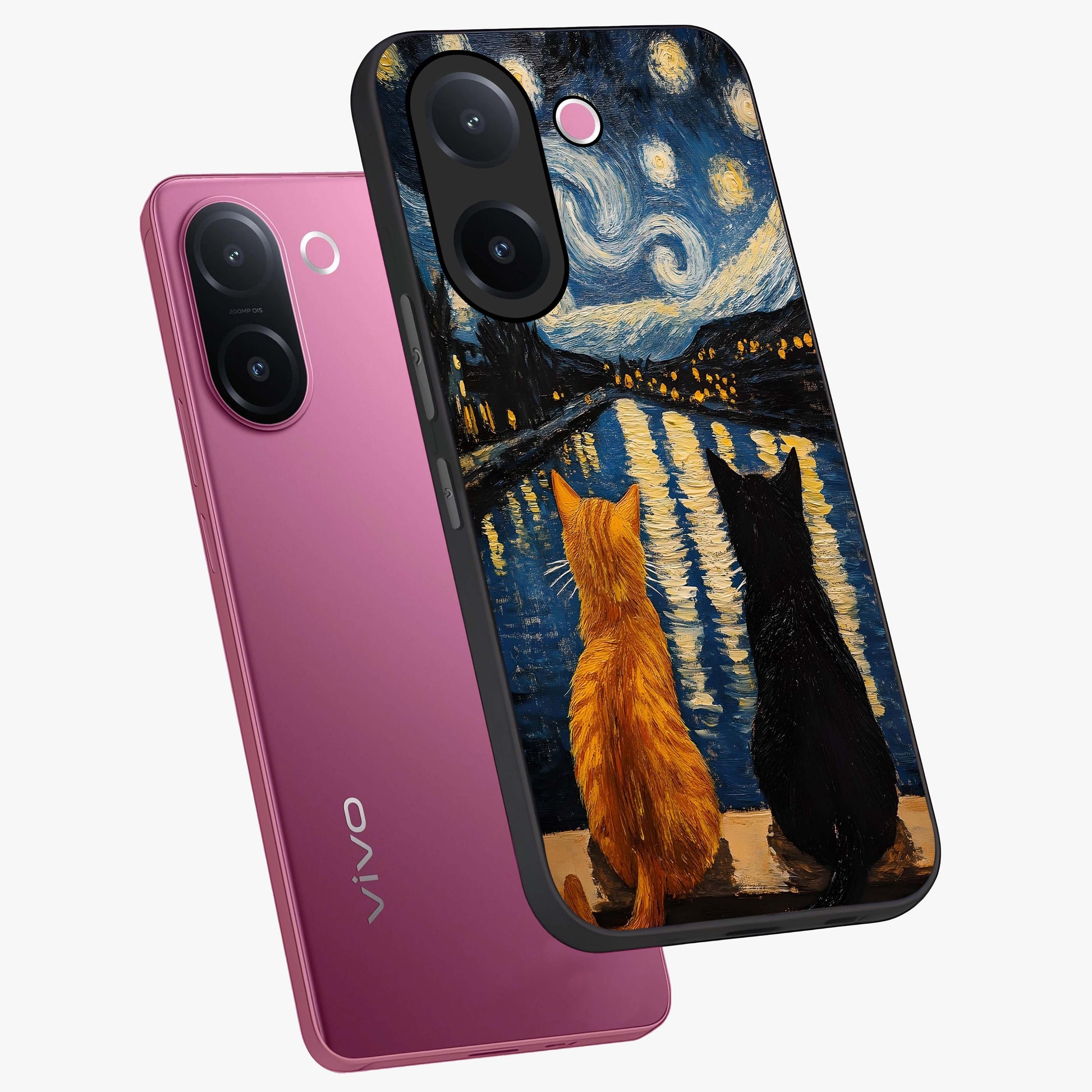 Starry River Cats Glass Case displayed in angled mockup highlighting charming feline illustration with dreamy night aesthetic.