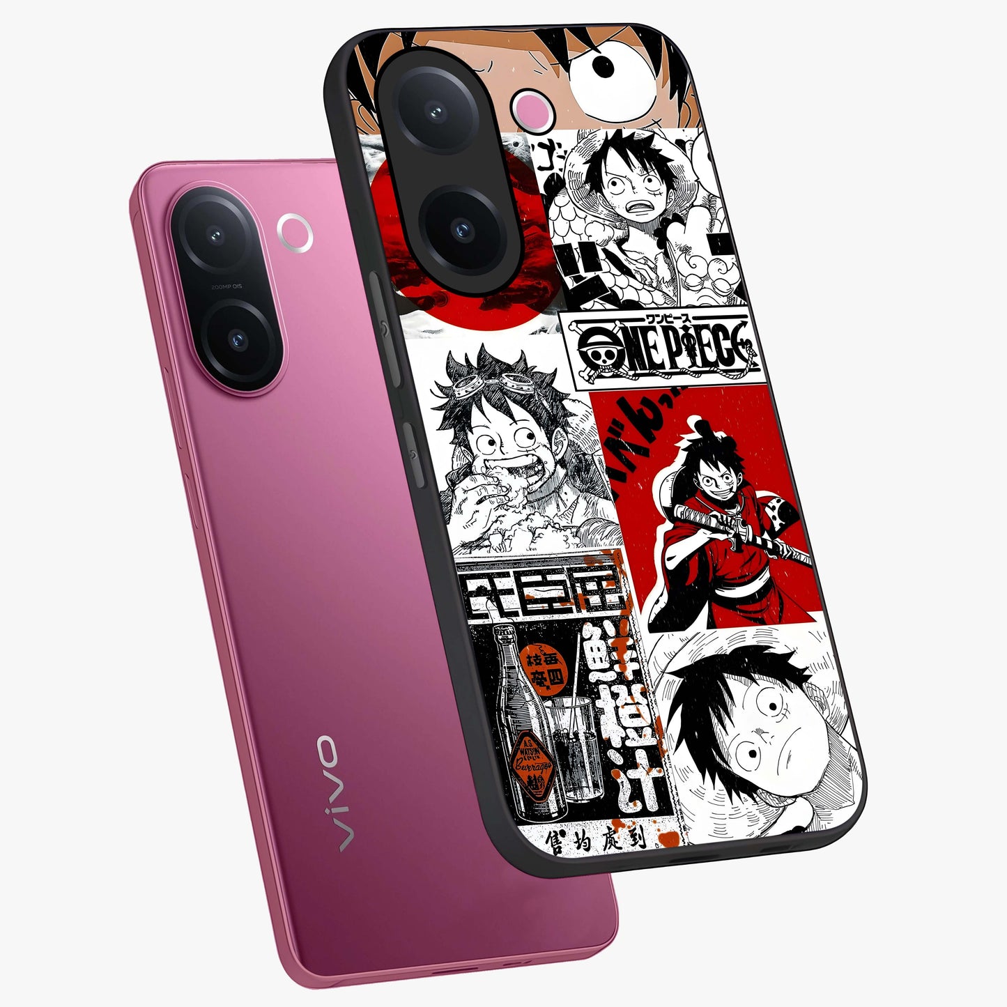 Strawhat Chaos Panels Glass Case displayed in angled mockup highlighting vibrant anime collage design with action aesthetic.